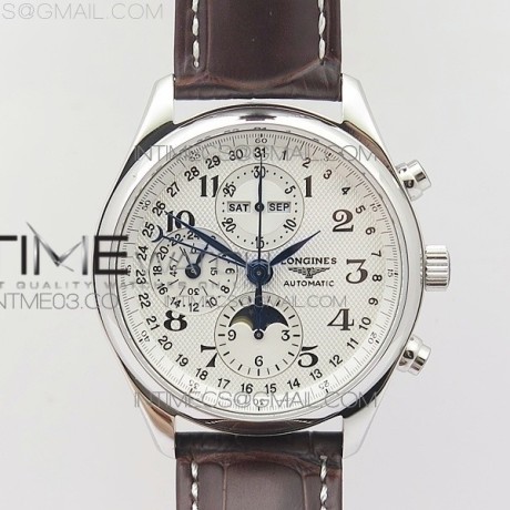 GS공장 론진 마스터컬렉션 문페이즈 스틸 화이트다이얼 가죽스트랩 MASTER MOONPHASE CHRONOGRAPH SS WHITE DIAL ON BROWN LEATHER STRAP A7751