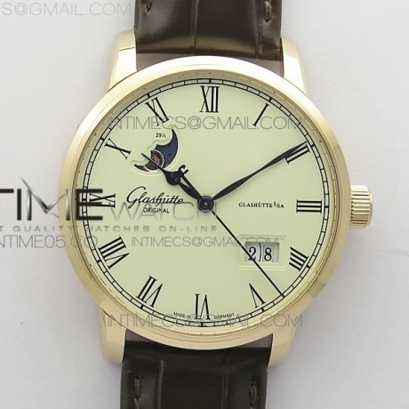 V9공장 오리지널 엑설런스 파노라마 데이트 로골 화이트다이얼 가죽스트랩 Excellence Panorama 40mm Date Moon Phase RG White Dial on Brown Leather Strap A100