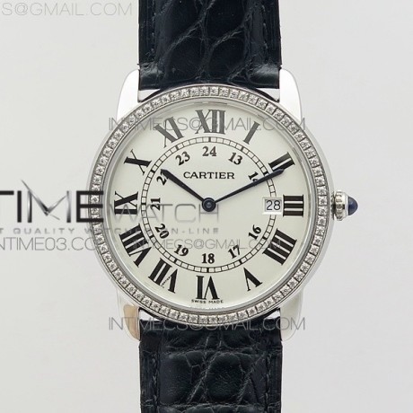 K11공장 까르띠에 롱드솔로 36MM 스틸&다이아케이스 화이트다이얼 가죽스트랩RONDE SOLO DE CARTIER 36MM  SS/DIA  WHITE DIAL ON BLACK CROCO LEATHER STRAP RONDA QUARTZ