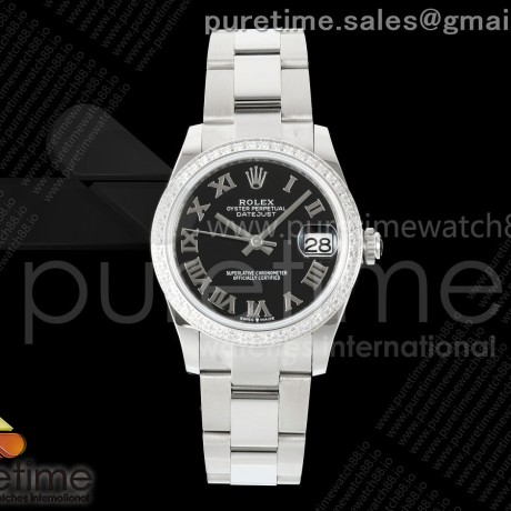 AR공장 롤렉스 레이디 데이저스트 31 블랙다이얼 로만인덱스 다이아몬드베젤 오이스터브레이슬릿 DateJust 31 SS ARF 1:1 Best Edition Black Roman Dial Diamonds Bezel on Oyster Bracelet ETA2688