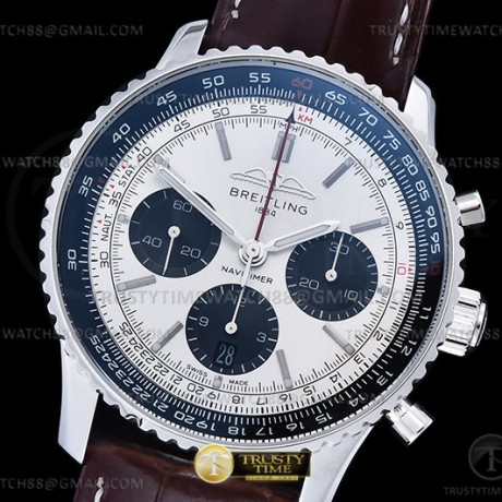 OX공장 브라이틀링 내비타이머 크로노 실버다이얼 가죽스트랩 Navitimer B01 Chrono 43mm SS/LE Silv OXF A7750