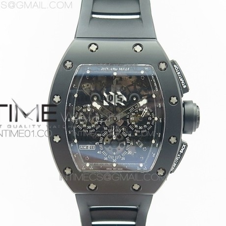 KU공장 리차드밀 RM011 풀세라믹 스켈레톤 크로노그래프 RM011 CERAMIC CHRONOGRAPH CRYSTAL SKELETON DIAL BLACK ON BLACK RUBBER STRAP A7750 KV공장