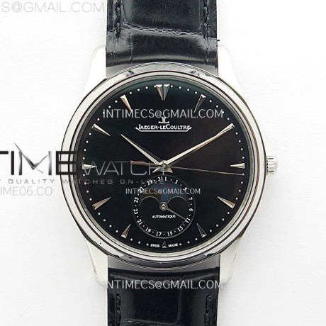 ZF공장 예거르쿨트르 마스터 울트라씬 문페이즈 스틸 블랙다이얼 Master Ultra Thin Moon 1368420 SS Black Dial on Black Leather Strap V3 SA925 Super Clone