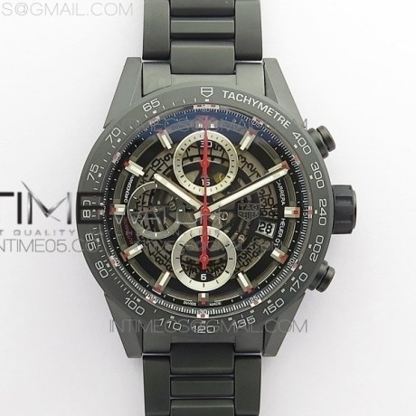 XF공장 칼리버호이어 세라믹 43MM 스켈레톤다이얼 Calibre Heuer 01 Chrono 43mm Ceramic XF 1:1 Best Edition Skeleton Dial (Red Second Hand) on Ceramic Bracelet A1887