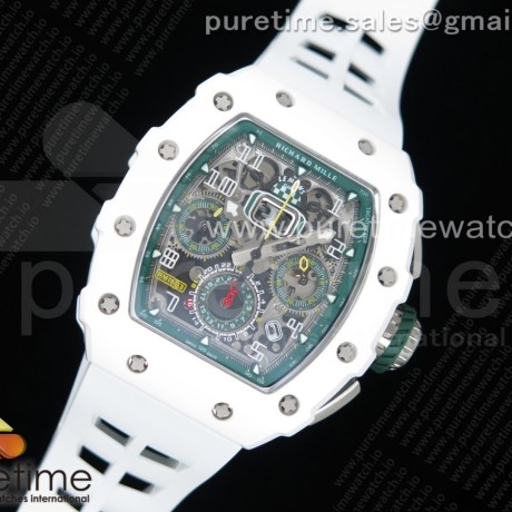 KU공장 리차드밀 RM011 화이트세라믹케이스 스켈레톤다이얼 러버스트랩 RM011 Real White Ceramic Chronograph Crystal Skeleton Dial Green on White Rubber Strap A7750 KV공장