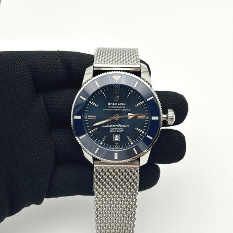 브라이틀링 슈퍼오션 헤리티지 스틸 블루다이얼 세라믹베젤 매쉬밴드 SUPER OCEAN HERITAGE BLUE CERAMIC BEZEL SS BLUE DIAL ON SS BRACELET A2824