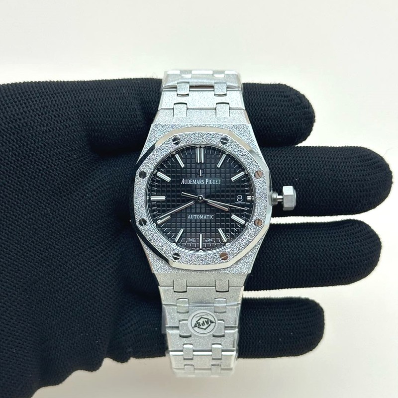 APS공장 오데마피게 로얄오크15454 프로스티드골드 새틴폴리싱 스틸 블랙다이얼 Royal Oak 37mm 15454 Frosted SS APSF 1:1 Best Edition Black Textured Dial on Frosted SS Bracelet SA3120 Super Clone