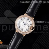 AF공장 까르띠에 발롱블루 33mm 로즈골드금통 다이아케이스 화이트다이얼 블랙가죽스트랩 Ballon Bleu 33mm RG AF 1:1 Best Edition Silver Dial Diamonds Bezel on Black Leather Strap SEIKO NH05A