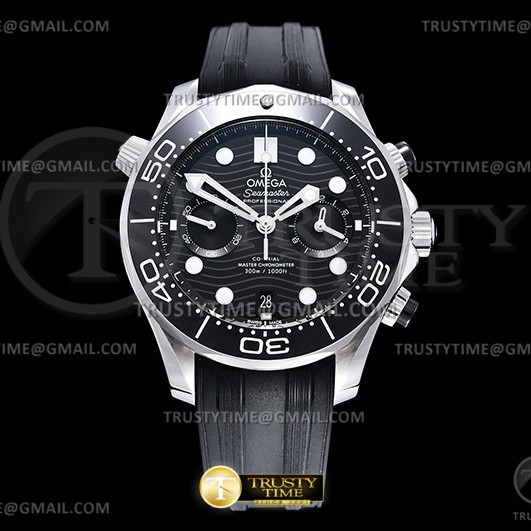 OM공장 오메가 2018 씨마스터 300 크로노그래프 스틸 블랙다이얼 러버스트랩 Seamaster 300m 2018 Chrono SS/RU Black OMF Asia 9900