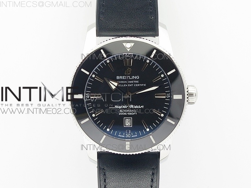 브라이틀링 슈퍼오션 헤리티지2 블랙인서트 블랙다이얼 블랙가죽스트랩 SUPER OCEAN HERITAGE BLACK CERAMIC BEZEL SS BLACK DIAL ON BLACK GUMMY STRAP A2824