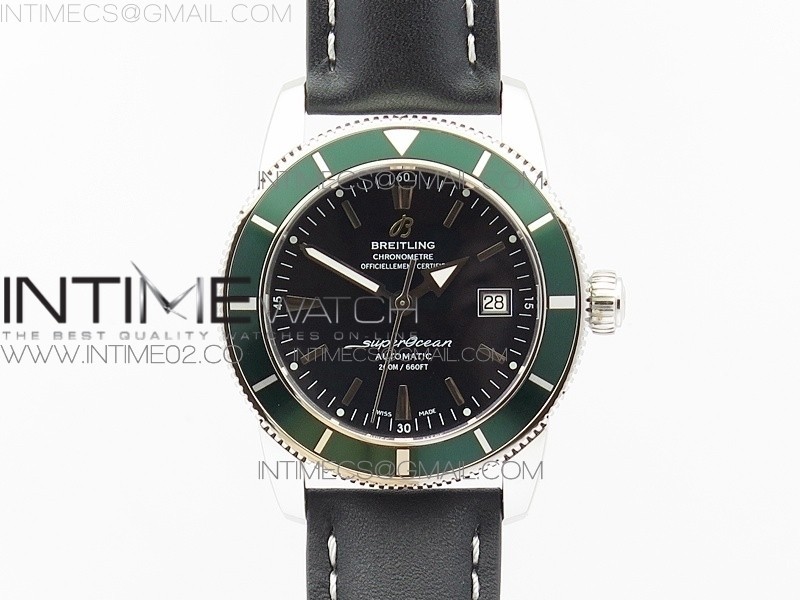 브라이틀링 슈퍼오션 스틸 블랙다이얼 그린인서트 가죽스트랩 SUPEROCEAN 42MM A17321 SS CREAM DIAL GREEN BEZEL ON BLACK LEATHER STRAP ETA2824