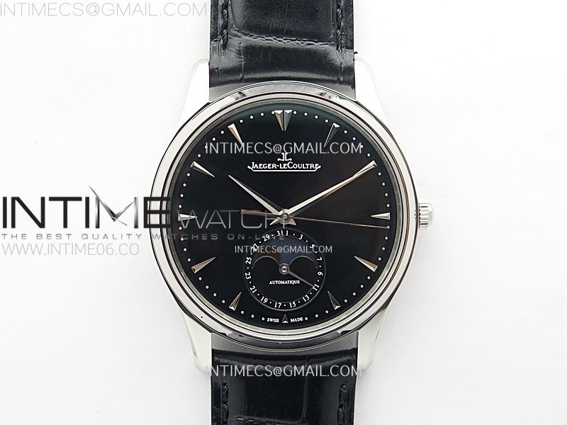 ZF공장 예거르쿨트르 마스터 울트라씬 문페이즈 스틸 블랙다이얼 Master Ultra Thin Moon 1368420 SS Black Dial on Black Leather Strap V3 SA925 Super Clone