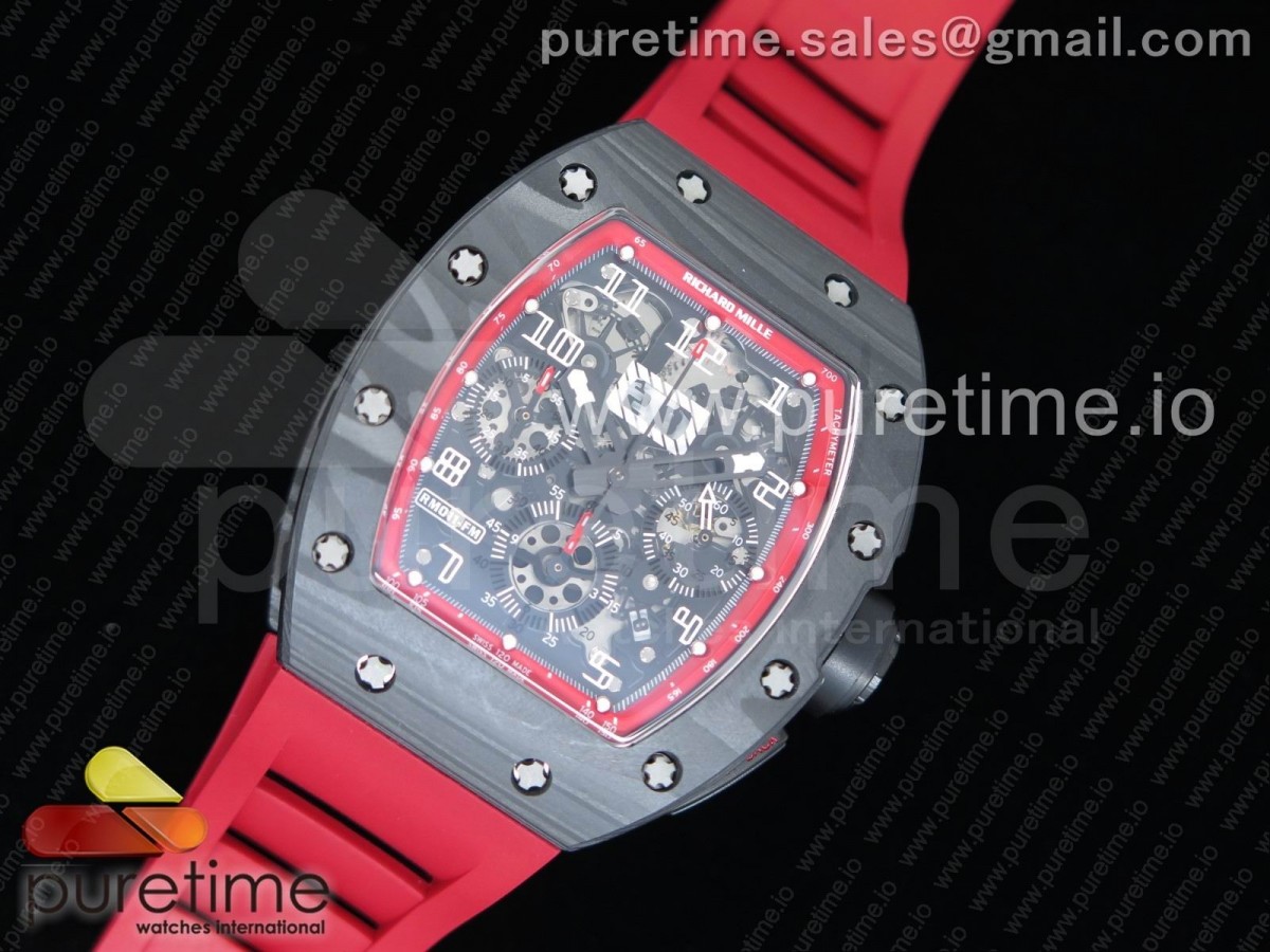 KU공장 리차드밀 RM011 NTPT 카본크로노 스켈레톤 레드이너베젤 레드러버스트랩 RM011 NTPT Carbon Chrono Crystal Skeleton Dial Red Inner Bezel on Red Rubber Strap A7750 KV공장