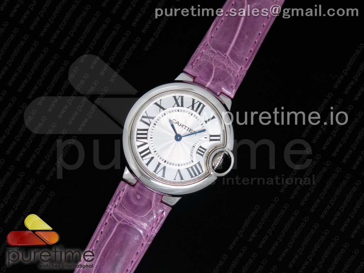 AF공장 까르띠에 발롱블루 33MM 스틸 퍼플크로커다일스트랩 Ballon Bleu 33mm SS White Textured Dial on Pueple Crocodile Strap Jap Quartz