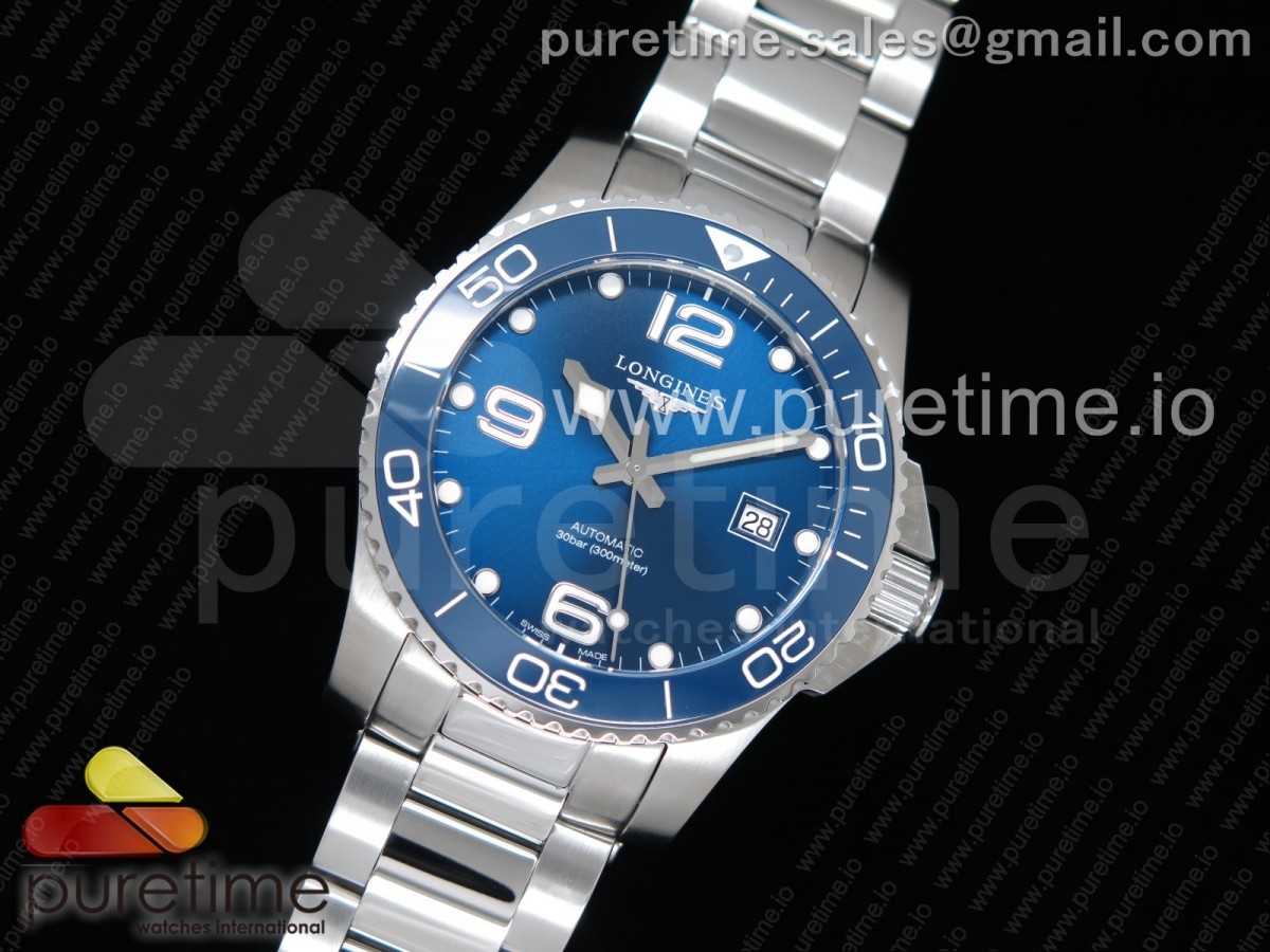 ZF공장 론진 하이드로콘퀘스트 스틸 블루다이얼 브레이슬릿 Conquest L3.840.4.56.6 Real Ceramic Bezel SS Blue Dial on SS Bracelet A2824