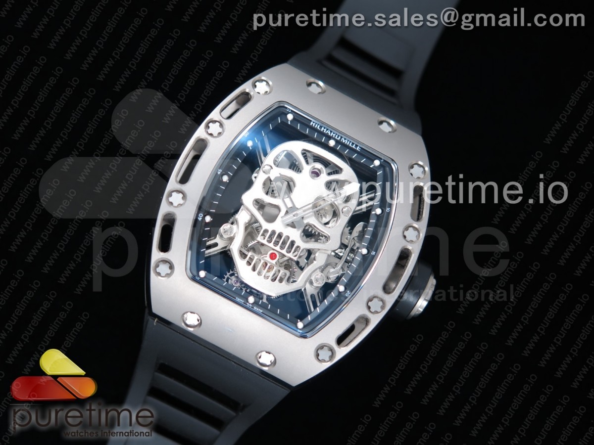 EUR공장 리차드밀 RM052 티타늄 리얼투어빌론 러버스트랩 RM052 Titanium Real Tourbillon Skeleton Skull Dial on Black Rubber Strap