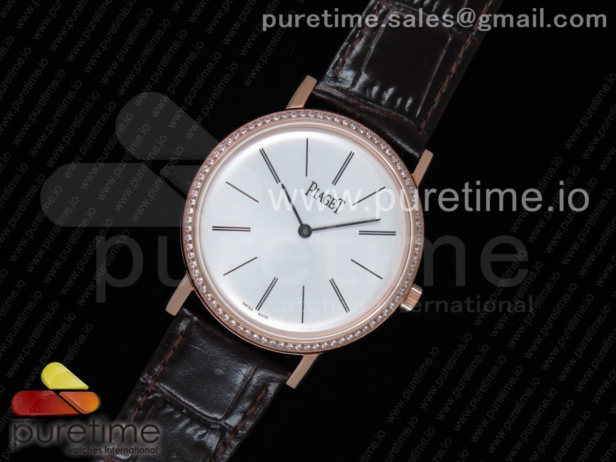 OX공장 피아제 알티플라노 로즈골드 금통 화이트다이얼 다이어베젤 가죽스트랩 Altiplano Watch RG White Dial Diamonds Bezel on Brown Leather Strap MIYOTA 9015