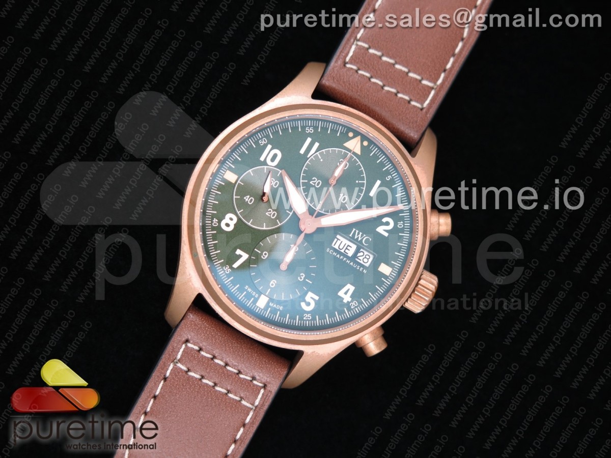 AI공장 IWC 파일럿 크로노그래프 스핏파이어 브론즈케이스 그린다이얼 가죽스트랩 IWC Pilot Chrono Spitfire IW387902 Bronze Green Dial on Brown Leather Strap A7750