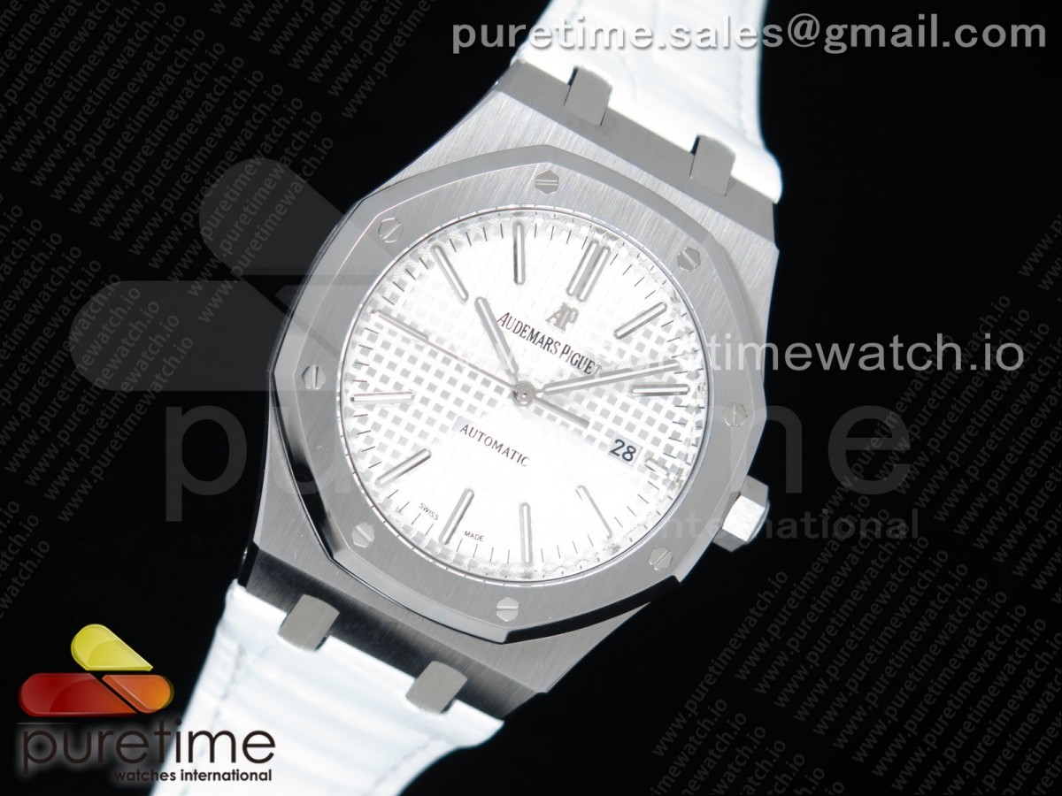 OM공장 오데마피게 로얄오크 15400 화이트다이얼 가죽스트랩 Royal Oak 41mm 15400 SS White Textured Dial on White Leather Strap A3120