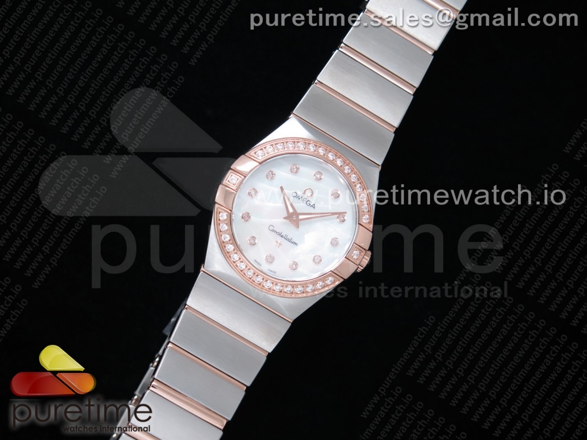 K11공장 오메가 컨스텔레이션 27MM 로골 자개다이얼 브레이슬릿 Constellation Ladies 27mm SS/RG Diamonds Bezel White MOP Textured Dial Diamonds Markers on SS/RG Bracelet ETA Quartz