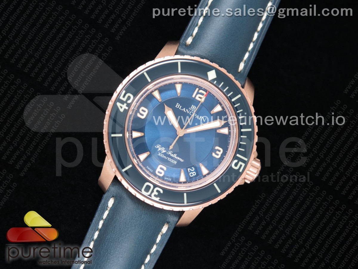 ZF공장 블랑팡 피프티패덤즈 로골 블루다이얼 가죽스트랩 Fifty Fathoms RG Bright Blue on Blue Leather Strap A1315