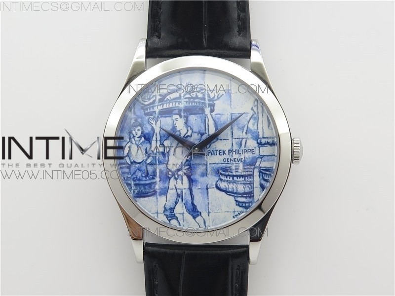 FL공장 파텍필립 칼라트라바 아술레이호스 에나멜다이얼 가죽스트랩 Calatrava Azulejos SS 5089G-61 FL Enamel Dial on Black Leather Strap