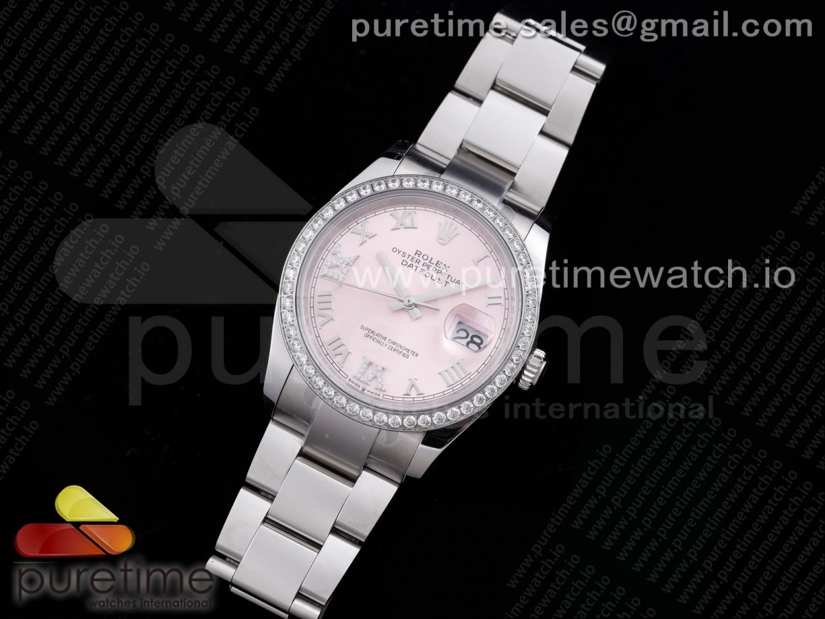 EW공장 롤렉스 데이저스트 36 핑크다이얼 DateJust 36 SS 126284 Diamonds Bezel EWF 1:1 Best Edition Pink Dial Roman Markers on Oyster Bracelet A3235