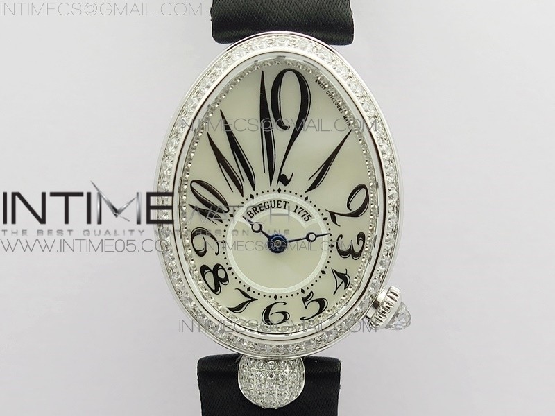 ZF공장 브레게 네이플 33MM 자개다이얼 패블릭스트랩 Reine de Naples 8928BB 33mm SS ZF 1:1 Best Edition White MOP Dial Numeral Markers Diamonds Bezel on Black Fabric Strap A537