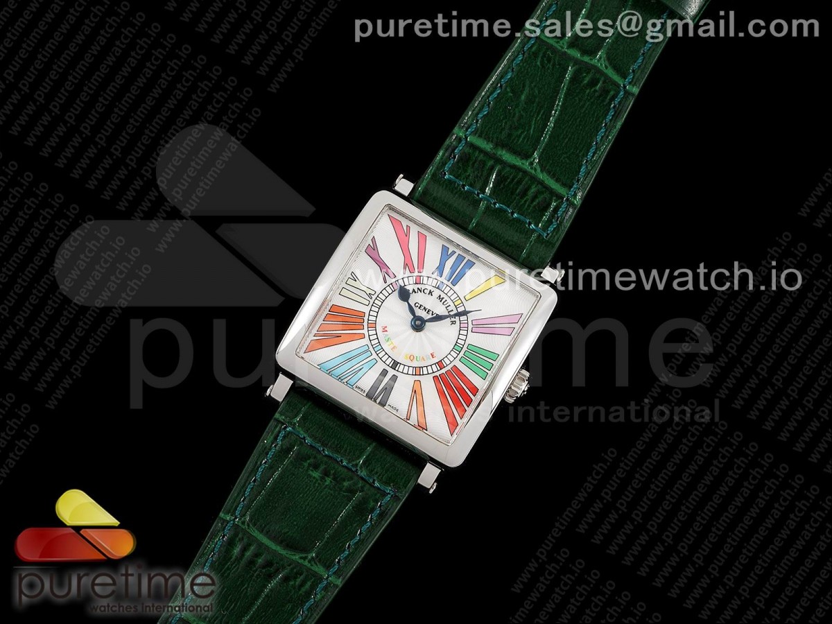 ZF공장 마스터스퀘어 화이트다이얼 가죽스트랩 Master Square SS Ladies ZF 1:1 Best Edition White Colorful Roman Dial on Green Leather Strap Ronda Quartz