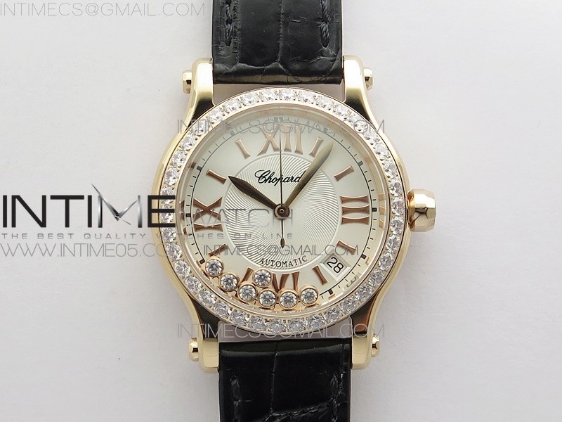 YY공장 해피스포츠 36미리 로골 화이트다이얼 HAPPY SPORT AUTOMATIC RG 36MM CRYSTAL YYF 1:1 BEST EDITION WHITE DIAL ON BLACK LEATHER STRAP A2892