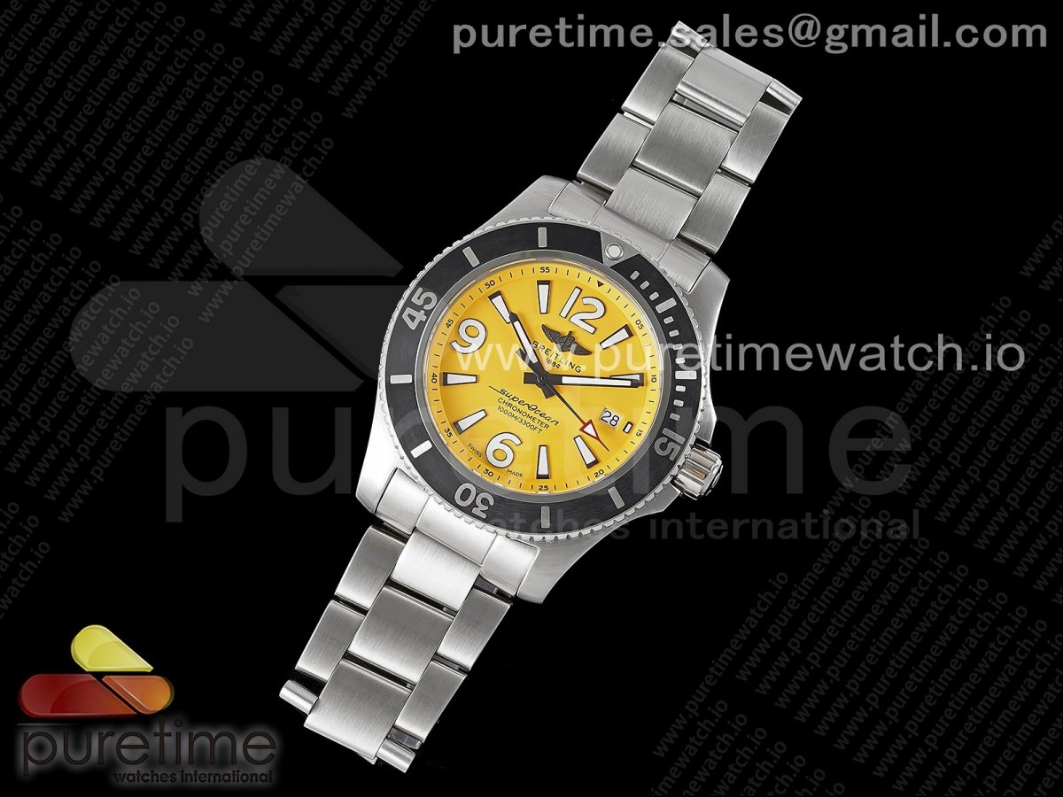 TF공장 브라이틀링 슈퍼오션 44 스틸 옐로우다이얼 블랙베젤 브레이슬릿 Superocean Automatic 44 TF 1:1 Best Edition Yellow Dial Black Bezel on SS Bracelet A2824