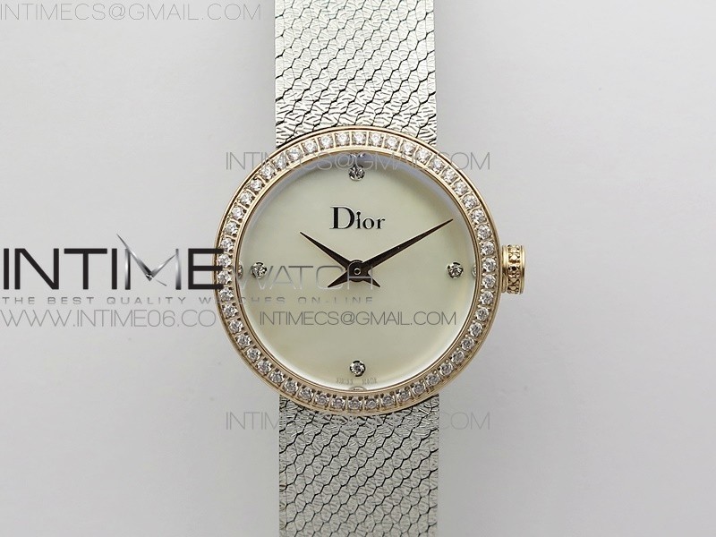 8848공장 디올 라 디 드 디올 로즈골드콤브 자개화이트다이얼 브레이슬릿 La d de dior satine SS/RG Crystal Bezel 8848F 1:1 Best Edition White MOP Dial on SS bracelet Swiss Quartz