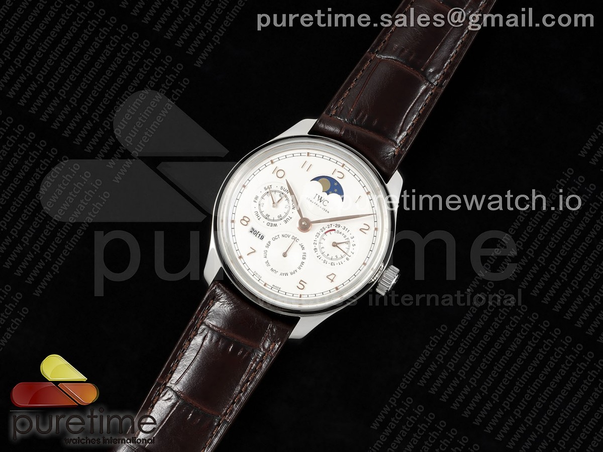 QF공장 IWC 포르투기저 퍼페츄얼캘린더 5033 스틸 화이트다이얼 가죽스트랩 Portugieser Perpetual Calendar SS 5033 QF Best Edition White RG Dial on Brown Leather Strap A52610