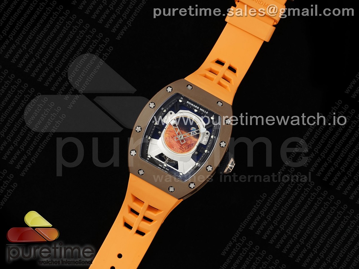 YS공장 리차드밀 RM 52 투르비용 세라믹 퍼렐 윌리엄스 오렌지러버스트랩 RM52 Astronaut Tourbillon Brown Ceramic YSF Best Edition on Orange Rubber Strap