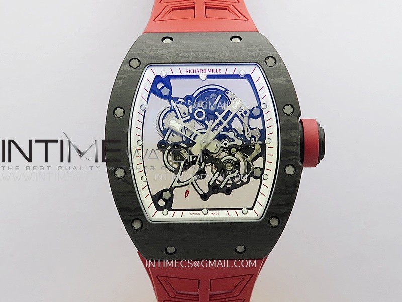 ZF공장 리차드밀 RM055 NTPT 스켈레톤다이얼 레드러버스트랩 RM055 White Inner Bezel Red Crown NTPT ZF 1:1 Best Edition Skeleton Dial On Red Shark Rubber Strap RMUL2 Super Clone